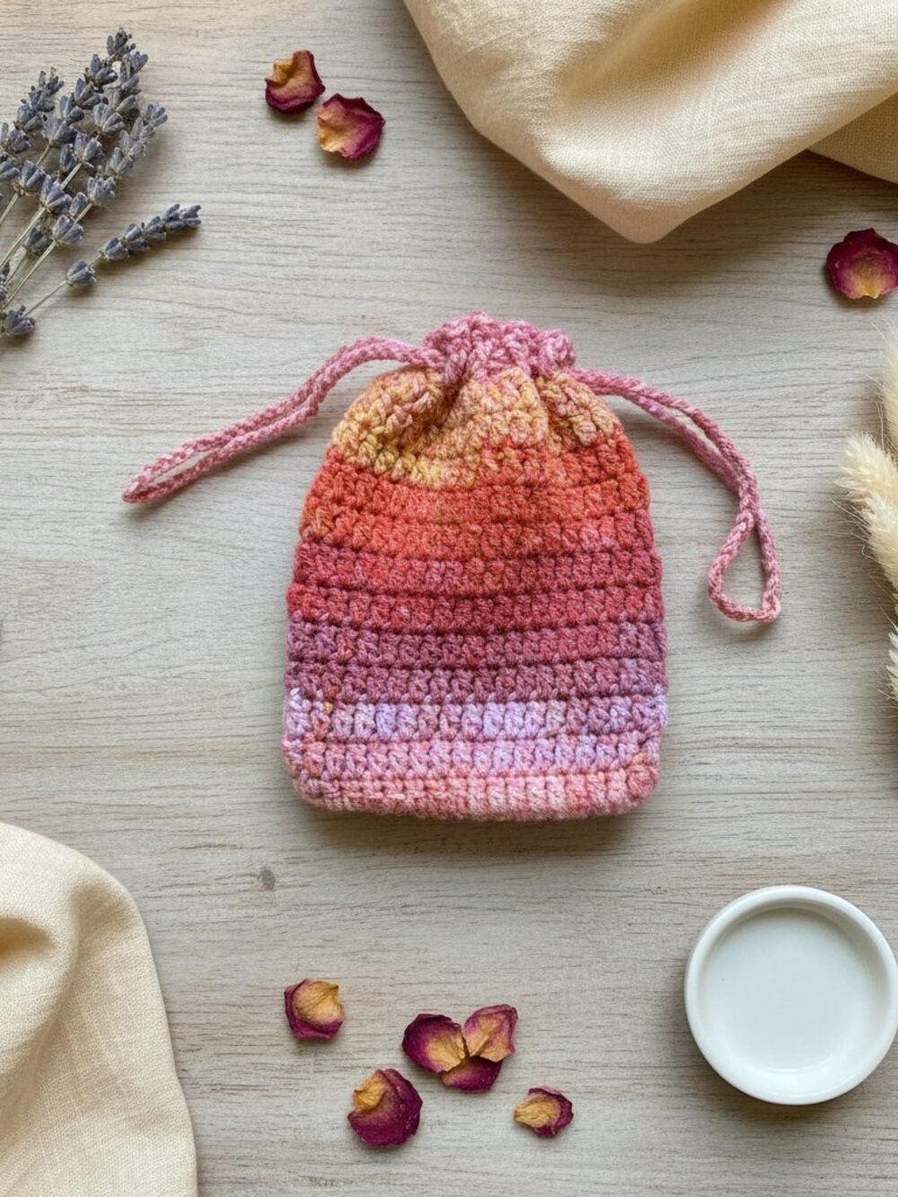 Sunset Stripe Drawstring Pouch | Handmade Crochet Gift Bag | Mother's Day